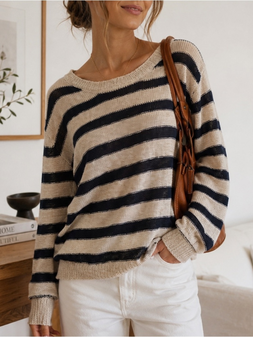 Pink Rose Beige Navy Striped Knit Sweater XL Coastal Chic Lightweight Pullover